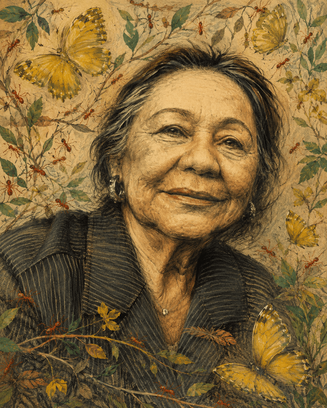 Ilustração em homenagem a Mercedes Barcha, cercada de borboletas amarelas e folhagem.