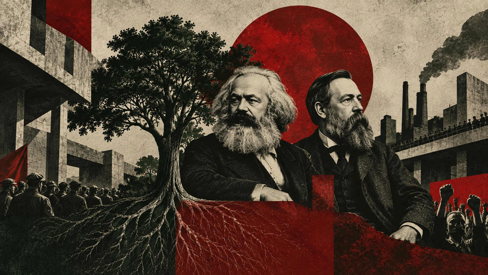 Marx e Engels em colagem, com arquitetura brutalista, multidão e indústria.