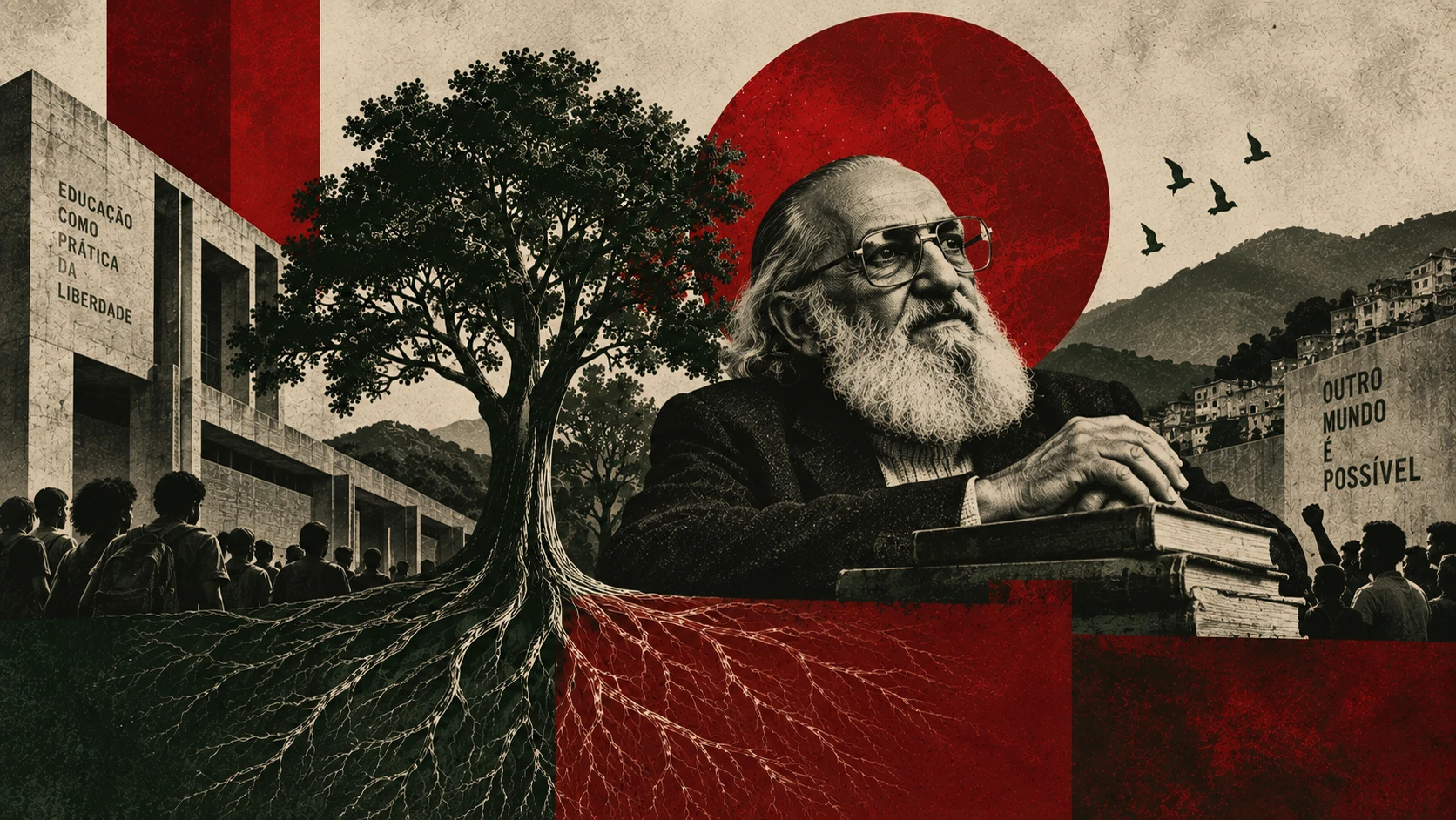 Paulo Freire em colagem, com a frase “outro mundo é possível” e uma multidão.