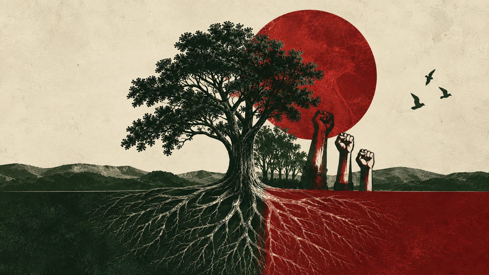 Árvore de copa densa com raízes que atravessam a terra, punhos erguidos e um sol vermelho, em linogravura.