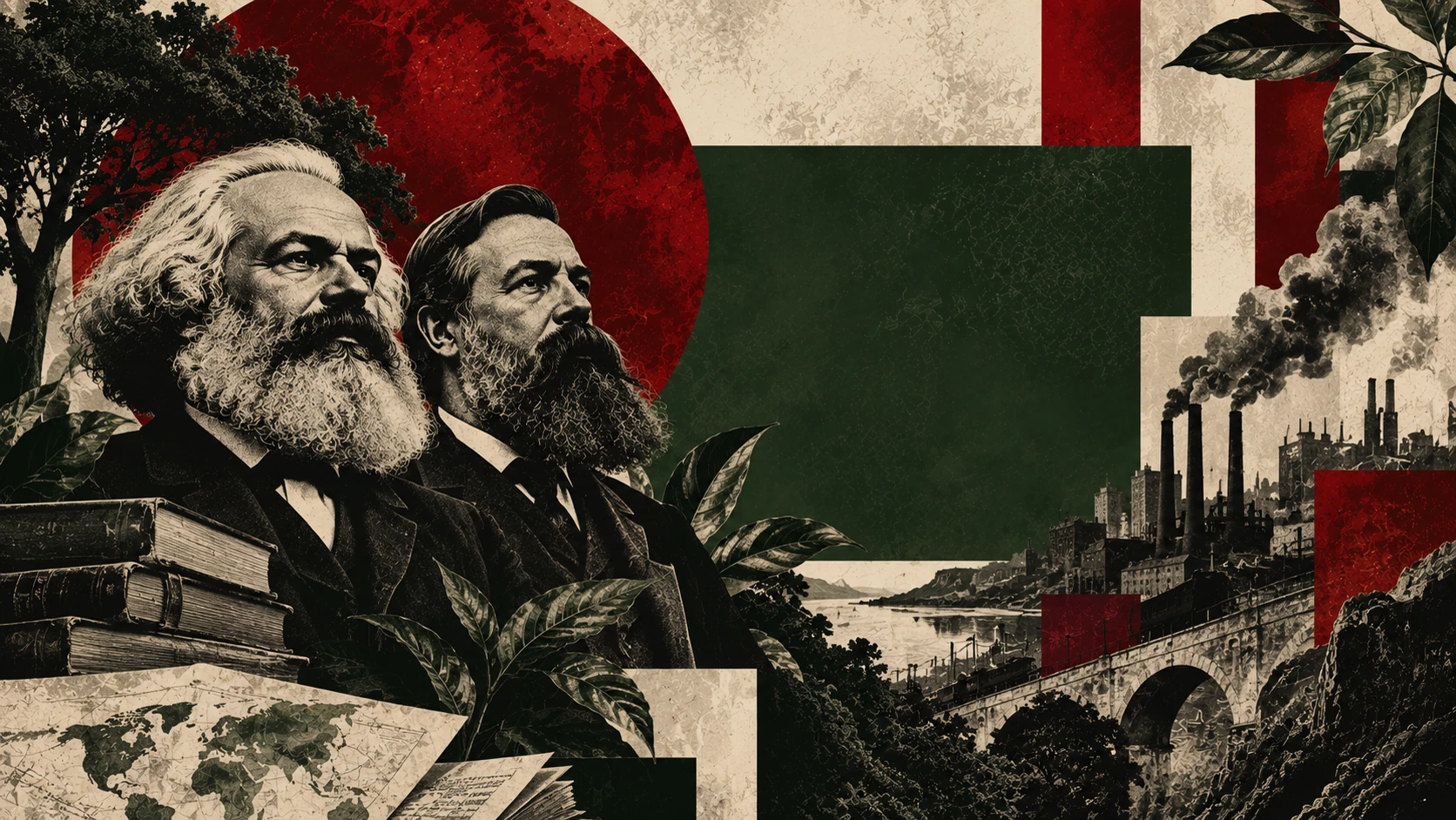 Marx e Engels de perfil sobre uma pilha de livros, com um mapa antigo e a paisagem industrial ao fundo.