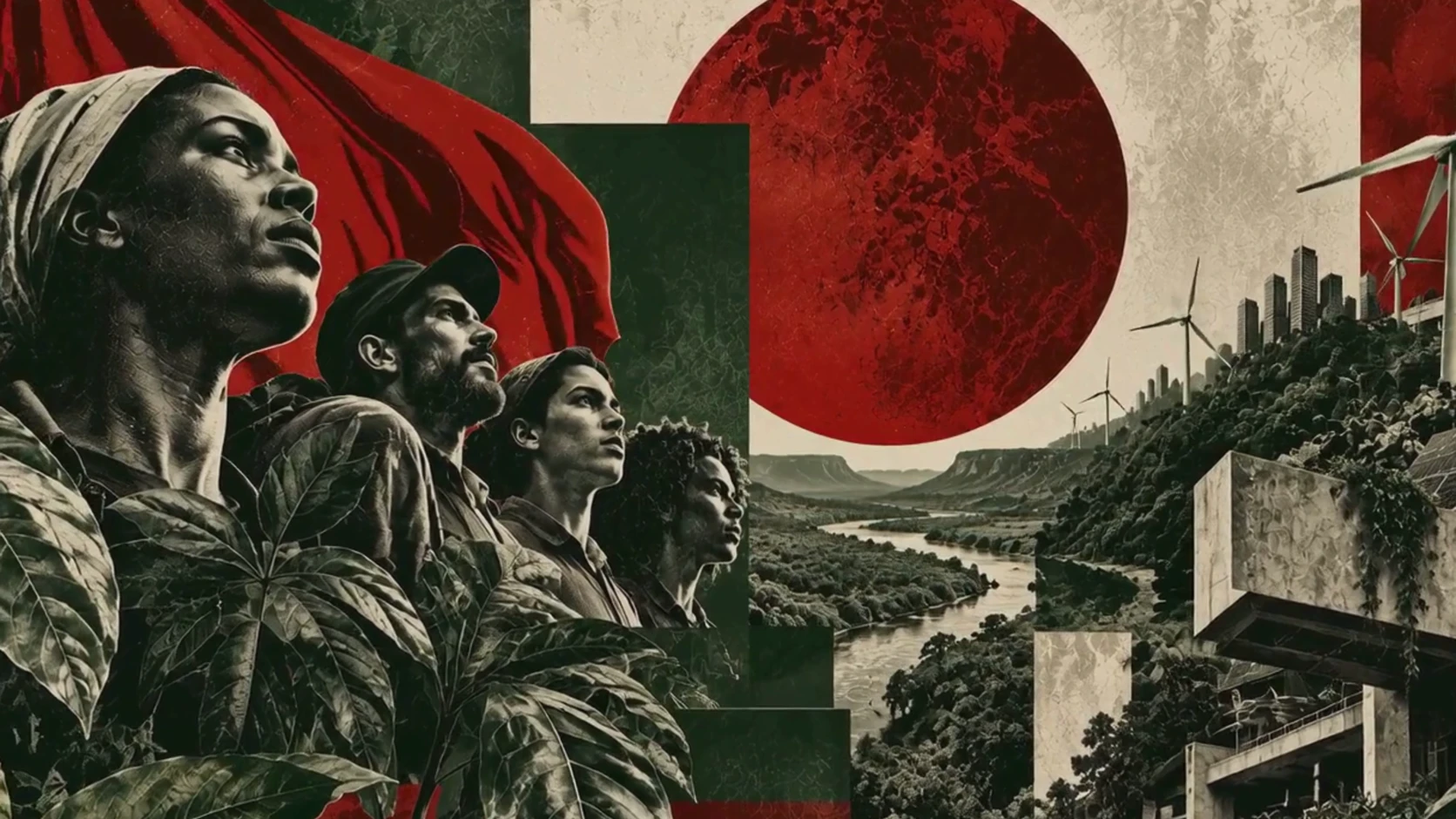 Trabalhadoras e trabalhadores de perfil diante de uma bandeira vermelha, com turbinas eólicas e um rio ao fundo.