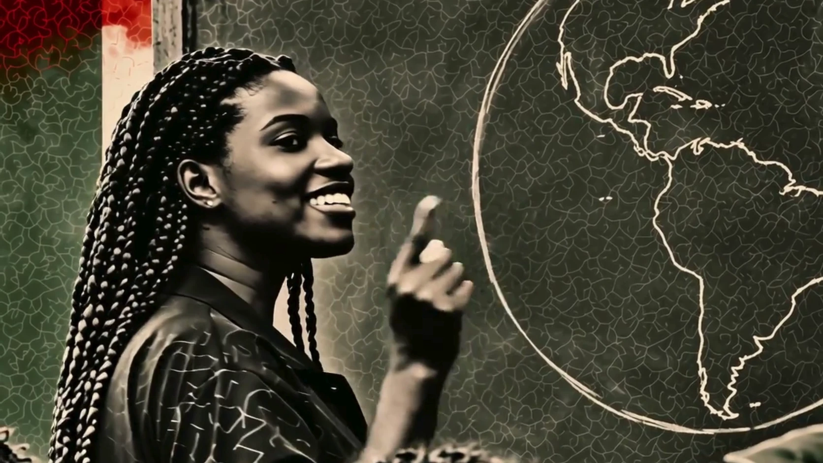 Professora negra sorrindo, apontando para um globo terrestre desenhado a giz.