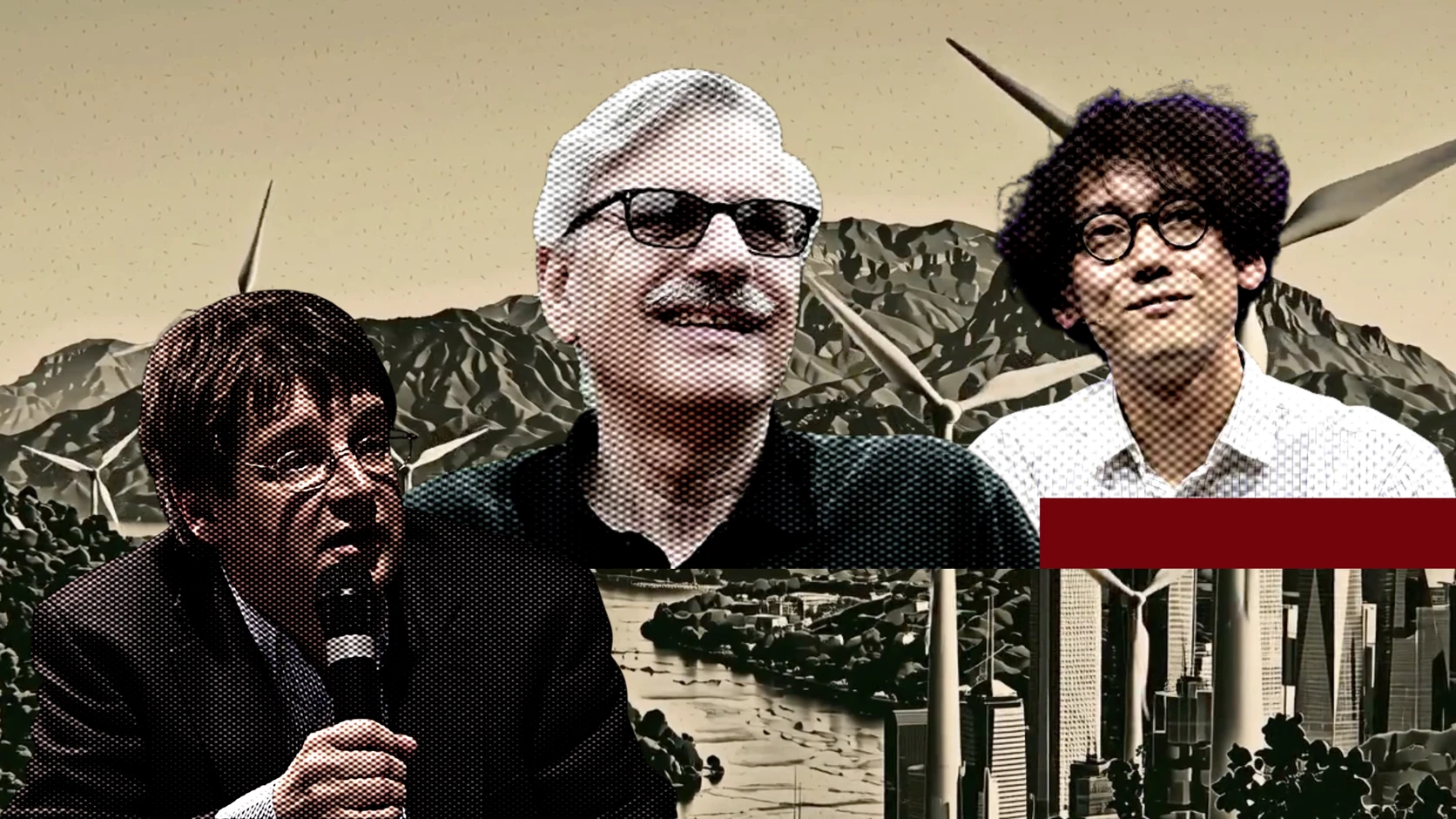 Três pesquisadores em um debate, com montanhas, turbinas eólicas e uma cidade ao fundo.